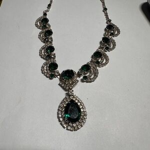 Emerald cut statement Necklace.  Emerald color with silver